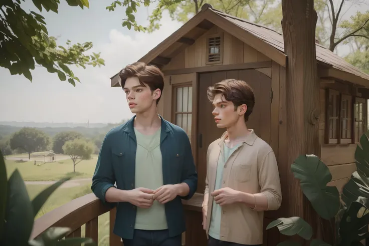 year: 2015. Location: Texas. Pre-Raphaelite scene with a 12-year-old Dominic Sherwood and Matthew Daddario, in a tree house, ((((casual Clothing from the 2020s)))) ((Hairstyle of the 2020s)), pastel colors, (((cinematic style)))