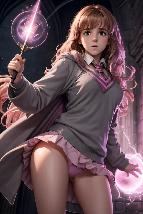 18 year old Hermione casting a spell, she is wearing her normal grey hogwarts uniform with a short schoolgirl skirt. her medium breasts are emitting a pink glow. Her face is surprised. Pink magic fills the air and hermione looks in shock at her massive bre...