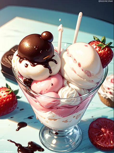 Strawberry ice cream in cone, (ice cream:1.2), cute pinguin shaped ice cream, with sprinkles on toping, chocolate sauce, delicious, (masterpiece:1.3)