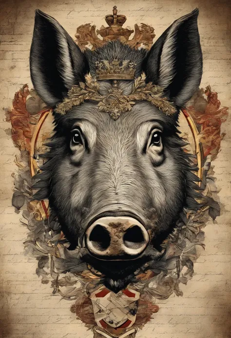 gros plan, Portrait of a wild boar, sanglier, Porc, familly crest, Armoiries, heraldic, dessin