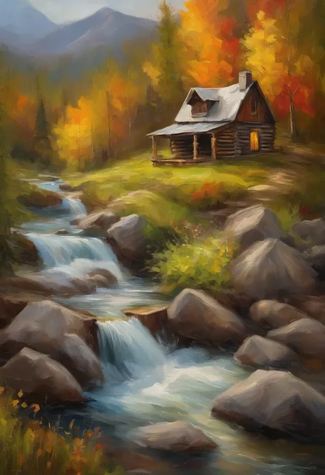 A cabin by the stream painting, with a mountain backdrop, oil painting 4K, natural painting, featuring waterfalls and rivers, with waterfall, oil painting. High-definition, highly detailed 4K painting, award-winning artwork of 2021, oil painting style.