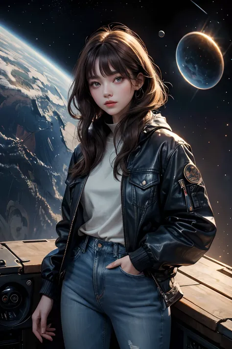 One Beautiful Woman。Detailed depiction of the face。Beautiful double eyes。with pale brown hair,、Its shoulder-length。Early twenties。She wears a jacket、Wearing blue jeans。Image of outer space and wormhole in the background。８K image quality。Masterpiece。