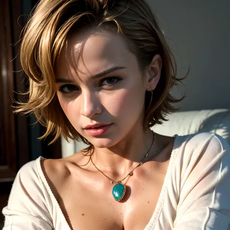 (Best quality, 8k, 32k, Masterpiece, UHD:1.2),Photo of Pretty woman, very short bob hair,upper body,face focus,oversized_sweater, necklace, simple background, from above, looking at viewer,renatadaninsky