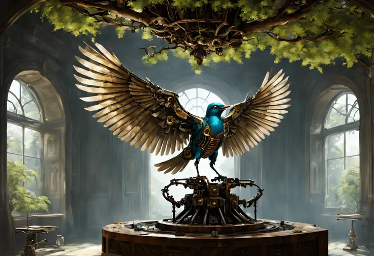 a mechanical bird oiling its wings, in a room of an ancient tree