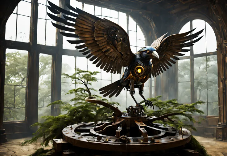 a mechanical bird oiling its wings, in a room of an ancient tree