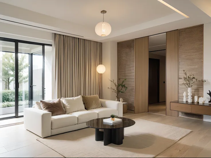 a luxurious living room welcomes you as you step inside, with its spacious and bright floor-to-ceiling glass windows. through th...