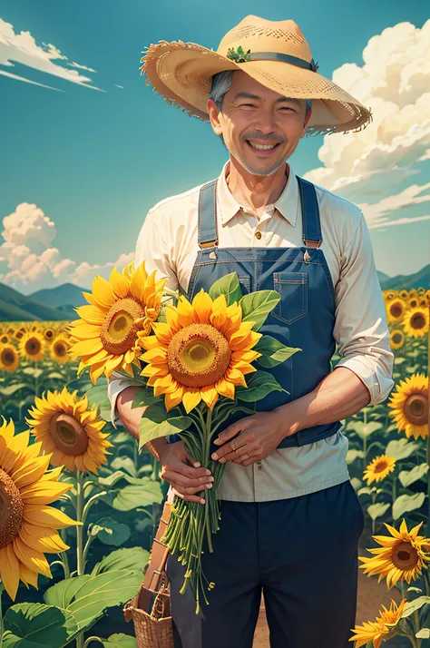 uncle farmer，sunflower field，holding a large melon seed，sunflower，laughing heartily