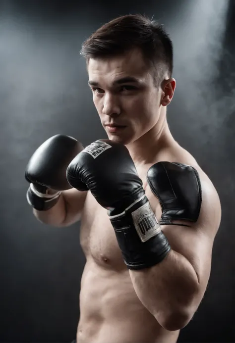 Male boxer，Wear black boxing gloves，Boxing action training，Bust photo，hyper HD，超高分辨率，1.4x Realistic Ultra HD