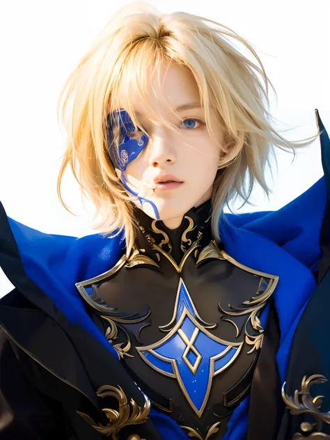 masterpiece, best quality,dainsleif(genshin impact), 1boy, male focus, blonde hair, blue eyes, solo, mask, looking at viewer, hair between eyes, realistic, hd resolution.