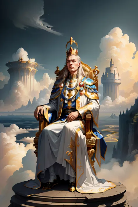 Image of Arafard of a man sitting on a throne in the clouds, ( ( The king of artificial intelligence art ) ), The king of artificial intelligence art, tuomas korpi and wlop, Portrait of a young human emperor, the god emperor of mankind, majesty in noble cl...