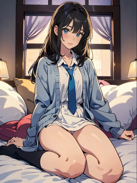 hight resolution、cute little、Amazing beautiful girl,female high-school student、 Anime style, 、17 age、on the bed、A dark-haired、Glamour、Colossal tits、de pele branca、wide-open legs、Very embarrassing、red blush。 Best Quality , Textured skin、 high details, High ...