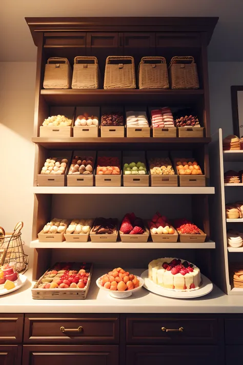 A big shelf with a lot of food, cakes, snacks, fruits, very rich, horizontal composition