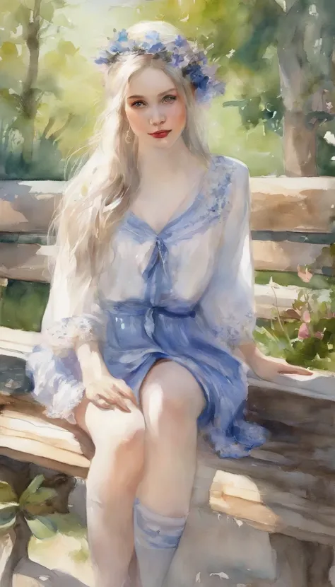 (No exposed skin, voluminous long-sleeved blouse, voluminous miniskirt, knee socks), (Solo), Very cute girl (1), Park, Bench, Sunlight, ((Shining blue super long hair, headband on both sides) flower)), (blue eyes), small breasts, (glitter) (detail objects)