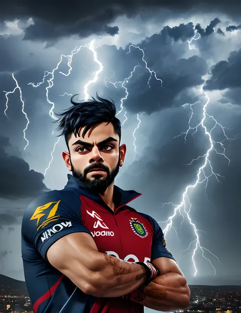 virat kohli 3000, storm, Dark clouds, lightning, night time, lightning, raining a lot, Particles, explosions, realistic, full body --auto --s2