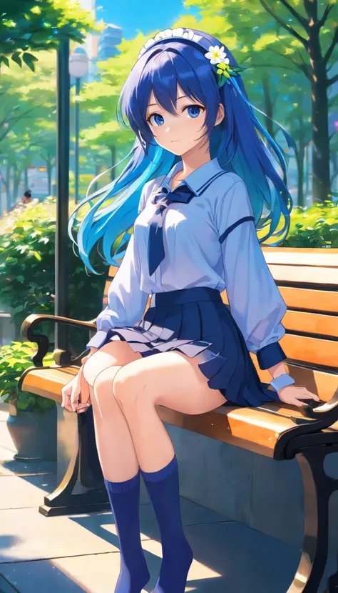 (No exposed skin, Voluminous long-sleeved blouse, voluminous miniskirt, knee sox), (Solo), Very cute girl (1), Park, Benches, Sunlight, ((Shiny blue super long hair, Headbands on both sides) flower)), (Blue eyes), Small breasts, (Glitter) (Detail Objects)