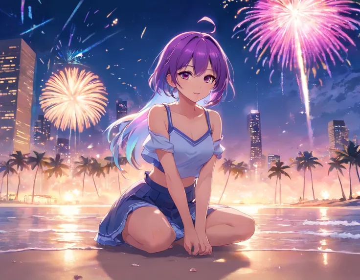 Realistic, Anime style, 1girl in, Holographic Hair, Heterochromic eyes, Glowing eyes, Holocrop Top, Holoscart, Parted lips, blush, Night, white roses, pastels, Glitter、170cm、Purple boots、Long、Long Skirt Long Ponytail Hair, purple color  hair,Miraculous bod...