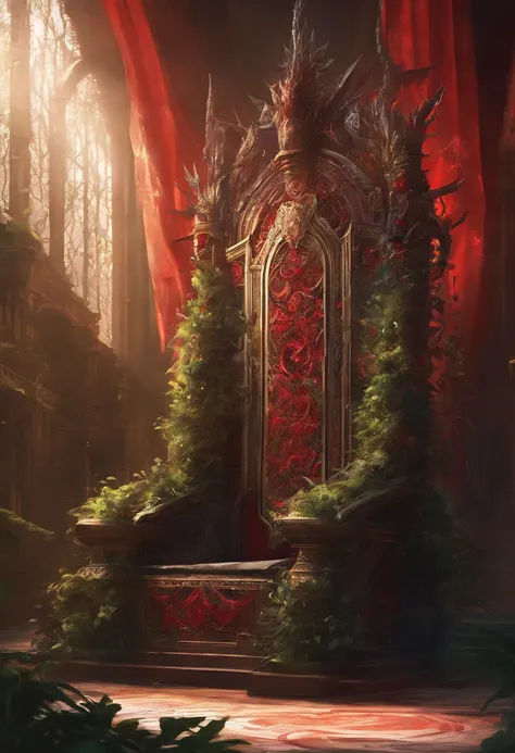 royal hall, A throne, Thorn plants, Dark light, Empty room, Gloomy composition, Black and Red Throne, Thorny plants around the throne, Close-up of the throne.Humanity sits on the throne，The robot surrenders under the throne