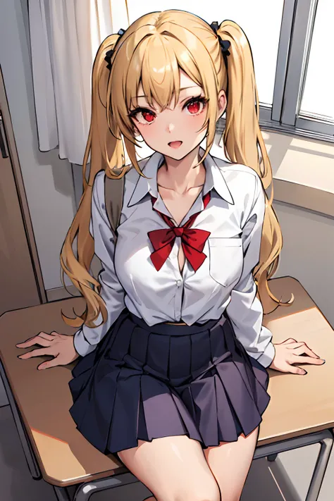 (masterpiece:1.2, best quality), 1lady, solo, school uniform, classroom, day, sit, blonde, twintails, red eyes, open collabone, gyaru, open chest