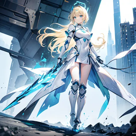 Blonde hair，Green eyes，long whitr hair，Princess cut hairstyle，A ball head，adolable，teens girl，White gorgeous beautiful dress，Tech armor，heavily armored，Science fiction elements，Weapon in hand，Knee-length boots on the feet，fully body photo，All body，Fingers ...