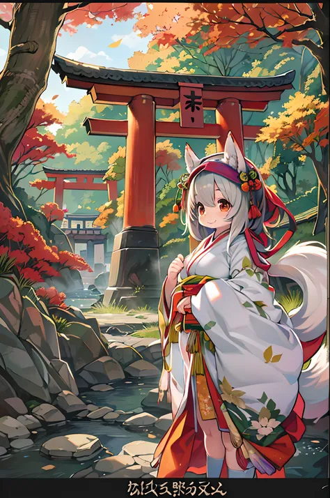 Fox Woman、body covered with fur、huge-breasted、kawaii、shrine maiden、Japan white clothes,Red Hakama、torii gate,((High Position))、A big smile、bbw、thick thight、big butts、Ultramammy,Chibi,Nanachi, autumn day,kaede、 Pines, Anime Background Art, japanese art styl...