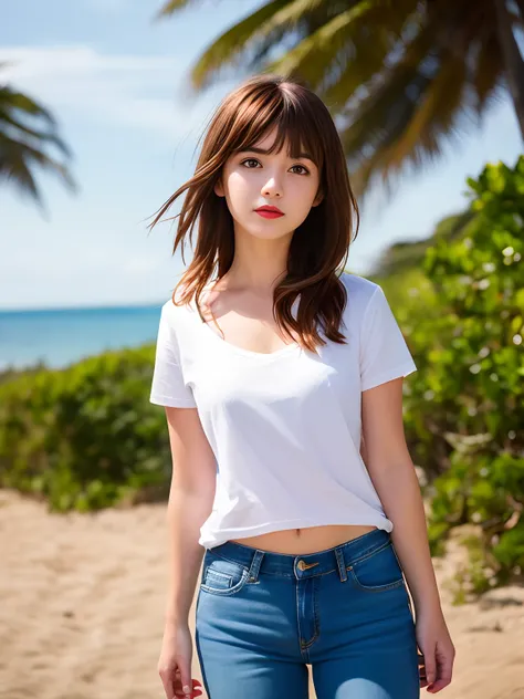 girl  max caulfield  ,brown hair ,  ,. red lips ,long hair , , selfie , depth of field, 
 ,    no smiling ,,, white t-shirt and jeans ,looking at viewer,
 beach