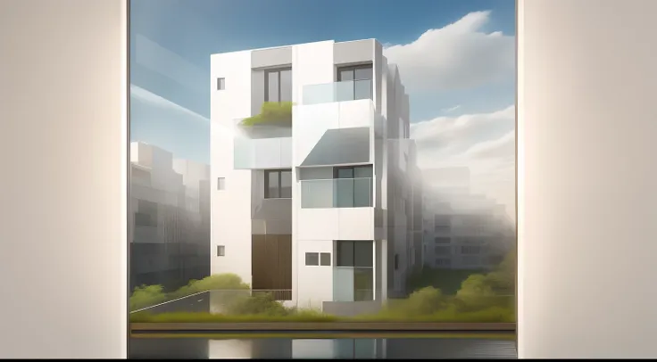 town house, landing on grassfield, white wall, steel railing, glass door and window, wooden facade, plant