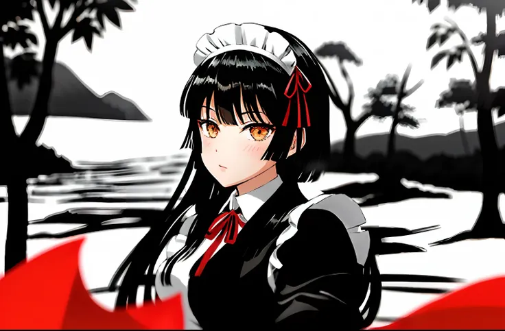 Anime girl in red ribbon and black dress standing on the beach, anime girls in maid costumes, Adults, maid, gorgeous maid, :14 , a maid in a magical forest, Rin