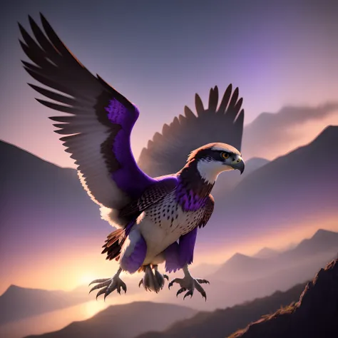 "Imagine a majestic falcon in mid-flight, Its sharp wings cutting through the night sky tinged with purple. Its feathers reflect shades of violet as it dominates the skies. The falcon has piercing eyes, Accurately Observing Your Territory. Abaixo, uma pais...