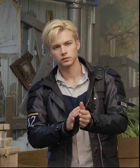 Western white man, blonde short hair, blue eyes, wearing tactical jacket