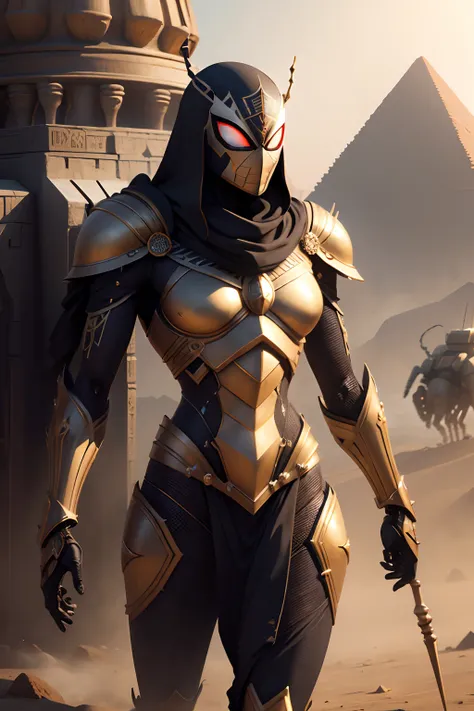 spider robot Egypt in realistic 4K armor., full entire body,Pyramids,Super Detailed, Vray Display, Unrealistic engine, Midjourney Art Style.