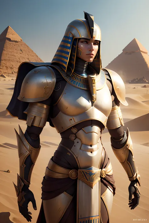 Map Egyptian robots in realistic 4K armor., full entire body,Pyramids,Super Detailed, Vray Display, Unrealistic engine, Midjourney Art Style.