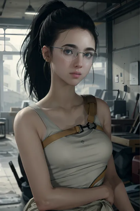 mamads, 1girl, realistic, glasses, solo, black hair, looking at viewer, ponytail, lips, nose, upper body, blurry, indoors, tank ...