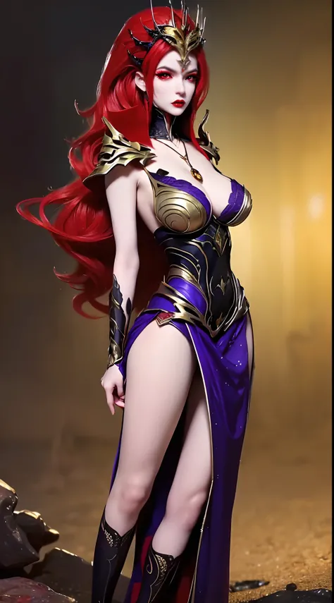 1 beautiful and sexy 20 year old girl, ((wearing traditional Hanfu armor with main colors purple and red:1)), not wearing pants, sexy hanfu style, ((long red hair:1.7)), jewelry elaborately made from precious stones and beautiful hair, ((wearing a 24k gold...