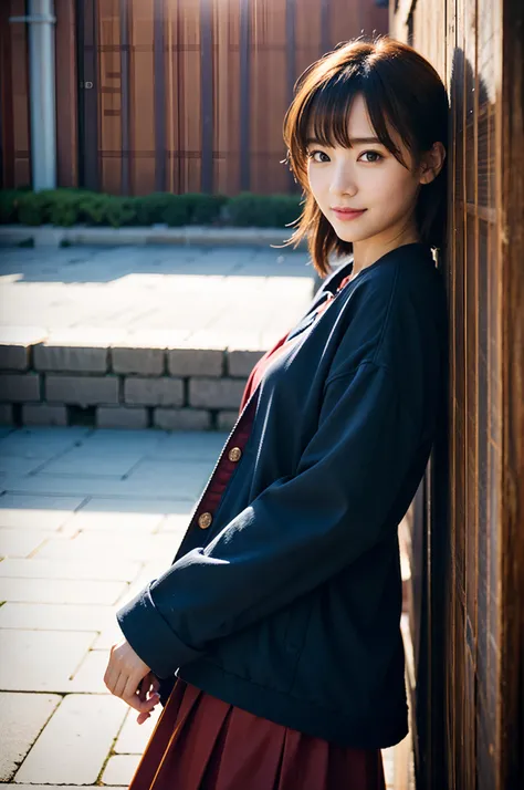 ​masterpiece, top-quality、Raw foto, Photorealsitic、1womanl、25-years old、Yokohama Red Brick Warehouse、Leaning against the wall、oversize jacket、sideshot、long  skirt、Autumn clothes in warm colors、Reflecting the whole body、A smile、People around you々The costume...