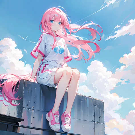 Pink hair，long whitr hair，Neat bangs，Qi bangs，skyblue eyes，，adolable，teens girl，short- sleeved，shorter pants，Wear sneakers on your feet，Sit on the roof，fully body photo，All body，Fingers and arms are not exposed，The background is all the sky ，with blue sky ...