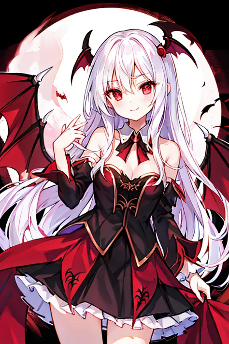 vampire princess、feathers on the head、蝙蝠の羽、white  hair、length hair,、transparent skin、slender and graceful physique。red eyes.、a s...