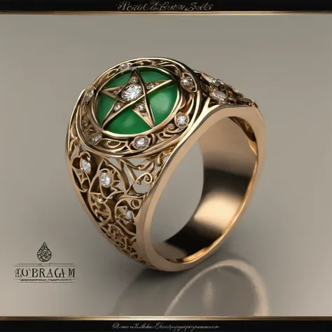 (Ring art design,Pentagram pattern,Detailed jewelry design,Art Nouveau,dynamic art,Contemporary art:1.45),(Berlin black iron jewelry in Victorian Gothic style,Elaborate carved diamonds, Gold thread and jade ring,Hollow plant shape metal carving,Intricate,i...