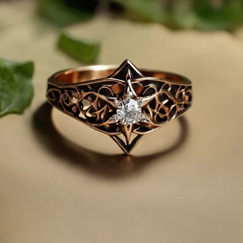 (Ring art design,Pentagram pattern,Detailed jewelry design,Art Nouveau,dynamic art,Contemporary art:1.45),(Berlin black iron jewelry in Victorian Gothic style,Elaborate carved diamonds, Gold thread and jade ring,Hollow plant shape metal carving,Intricate,i...