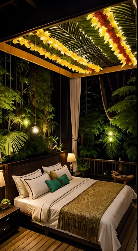 Create a lush, tropical-themed dream bedroom for someone who loves exotic landscapes. The room features a canopy bed draped with sheer, flowing curtains and surrounded by lifelike artificial rainforest vegetation. Above, a realistic artificial sky with an ...