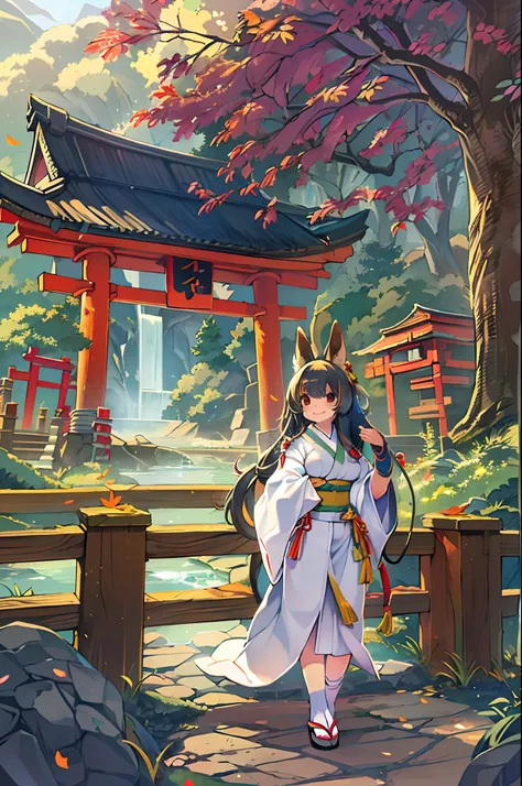 Fox Woman、body covered with fur、huge-breasted、kawaii、shrine maiden、Japan white clothes,Red Hakama、torii gate,((High Position))、A big smile、bbw、thick thight、big butts、Ultramammy,Chibi,Nanachi, autumn day,kaede、 Pines, Anime Background Art, japanese art styl...