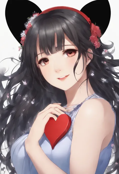 There is a girl in headphones holding a heart-shaped object, black hime-cut hair, iwakura lain, chiho, Happy!!!, sakimichan, hime-cut, hana yata, Rin, 奈良美智, けもの, shikamimi, sakimichan, lain iwakura、Bare-chest