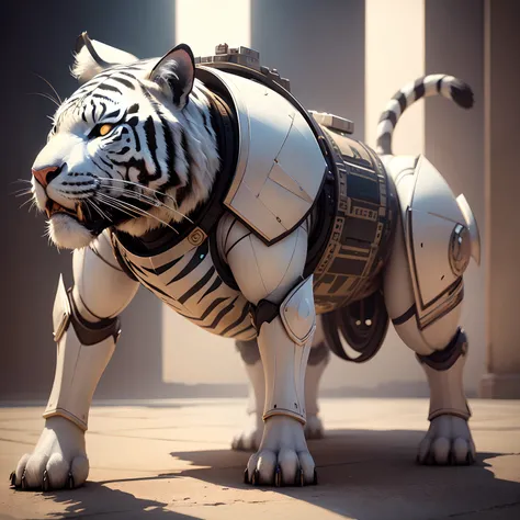 Cute white tiger, robot in realistic 4K full body armor,Pyramids,Super Detailed, Vray Display, Unrealistic engine, Midjourney Art Style.