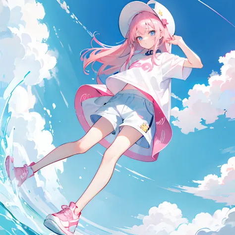 Pink hair，long whitr hair，Neat bangs，Qi bangs，skyblue eyes，，adolable，teens girl，short- sleeved，shorter pants，Wear sneakers on your feet，fully body photo，All body，Fingers and arms are not exposed，The background is all the sky ，with blue sky and white clouds...