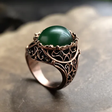 (Ring art design,Pentagram pattern,Simple jewelry design,Art Nouveau,dynamic art,Contemporary art:1.45),(Berlin black iron jewelry in Victorian Gothic style, Gold thread and jade ring,Hollow plant shape metal carving,Intricate,ironwork,Handmade,Romantic en...