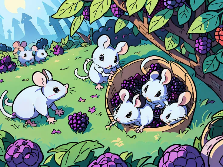 (best-quality:0.8), perfect anime illustration, ((white mice harvest blackberries:1.4)) from a (bramble bush:1.1) and enchanted light ((forest:1.2)), childrens illustration, ultrafine detailed