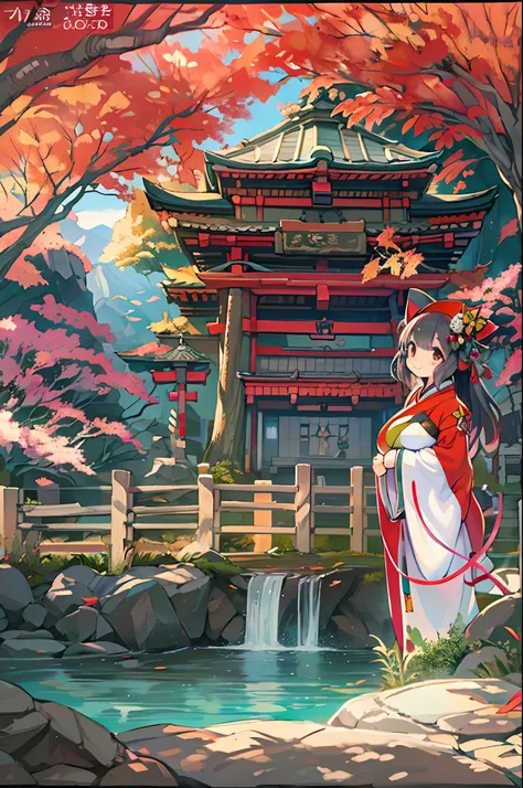 Fox Woman、body covered with fur、huge-breasted、kawaii、shrine maiden、Japan white clothes,Red Hakama、torii gate,((High Position))、A big smile、bbw、thick thight、big butts、Ultramammy,Chibi,Nanachi, autumn day,kaede、 Pines, Anime Background Art, japanese art styl...