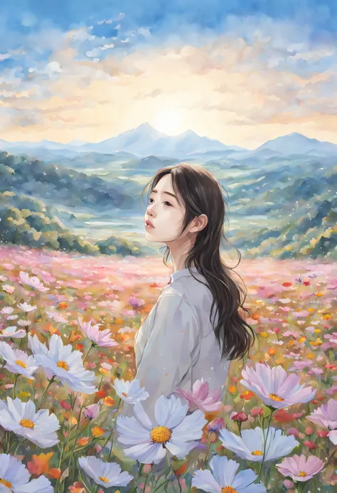 (pepencildrawing:1.4), lonely flowers and blue sky、autumn sky and beautiful cosmos flowers、landscape photo of the vast cosmos fl...