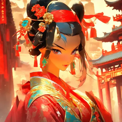 A beautiful woman in ancient Chinese noble robes in a Chinese background outside an ancient palace