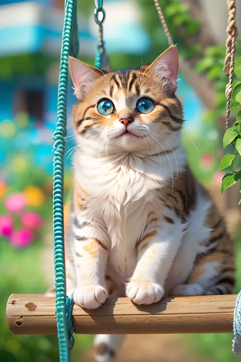 A round-eyed cute cat,having fun, sitting on a swing, trpical garden, blue-sky.