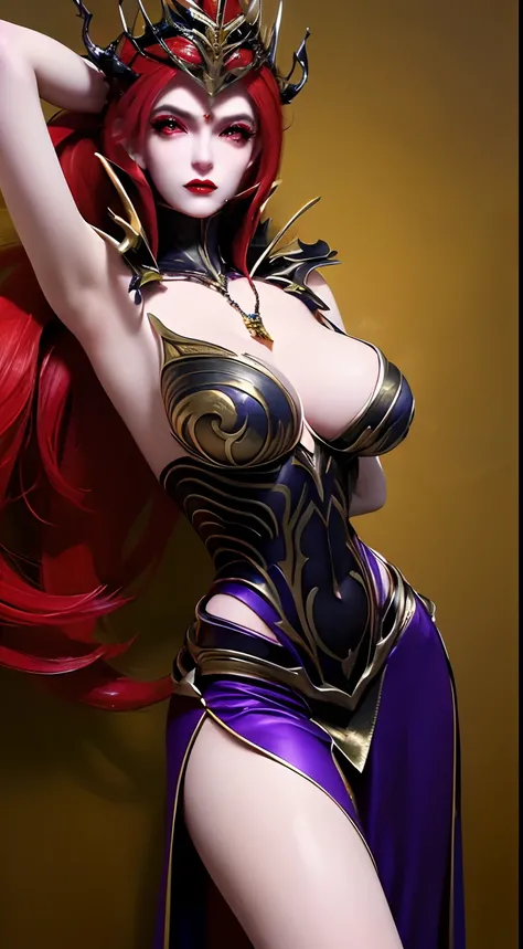 1 beautiful and sexy 20 year old girl, ((wearing traditional Hanfu armor with main colors purple and red:1)), not wearing pants, sexy hanfu style, ((long red hair:1.7)), jewelry elaborately made from precious stones and beautiful hair, ((wearing a 24k gold...